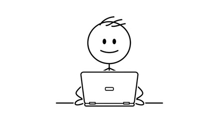 Happy Stick Figure Working on Laptop: Minimalist Line Art Illustration
