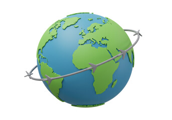 Isolated 3D Render of a Cartoon Earth Globe with Airplanes Orbiting, Global Travel Concept