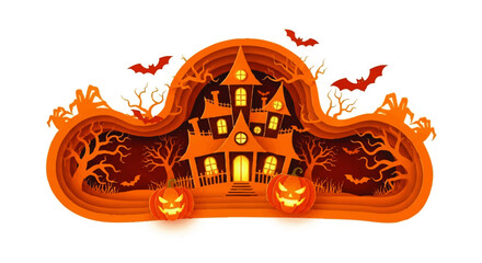 A layered paper art illustration featuring a spooky haunted house, pumpkins, and bats.