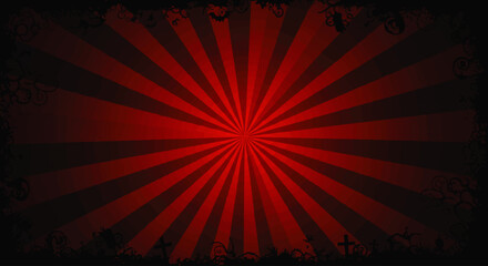 Red sunburst pattern with a dark, grunge border featuring bats and tombstones, creating a spooky Halloween theme.