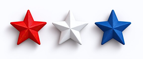 Three dimensional stars in red, white, and blue arranged in a row against a white background