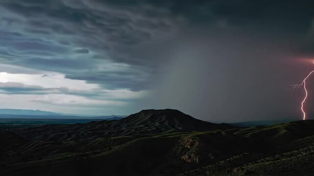 Dramatic Storm Over Mountains: A powerful display of nature's fury, capturing the electrifying moment as a lightning bolt streaks across a stormy sky above a rugged mountain landscape.