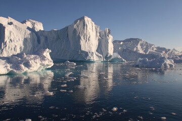 Icebergs reflecting in calm, clear water, bright sunlight