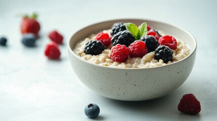 Bowl of healthy oatmeal with fresh berries in kitchen