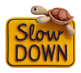 Turtle on a slow down rectangular sign isolated on transparent background
