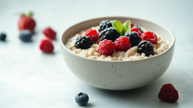 Bowl of healthy oatmeal with fresh berries in kitchen