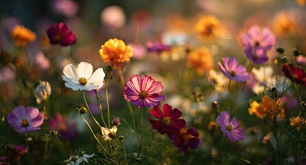 Colorful cosmos flowers in a field, bathed in golden sunlight