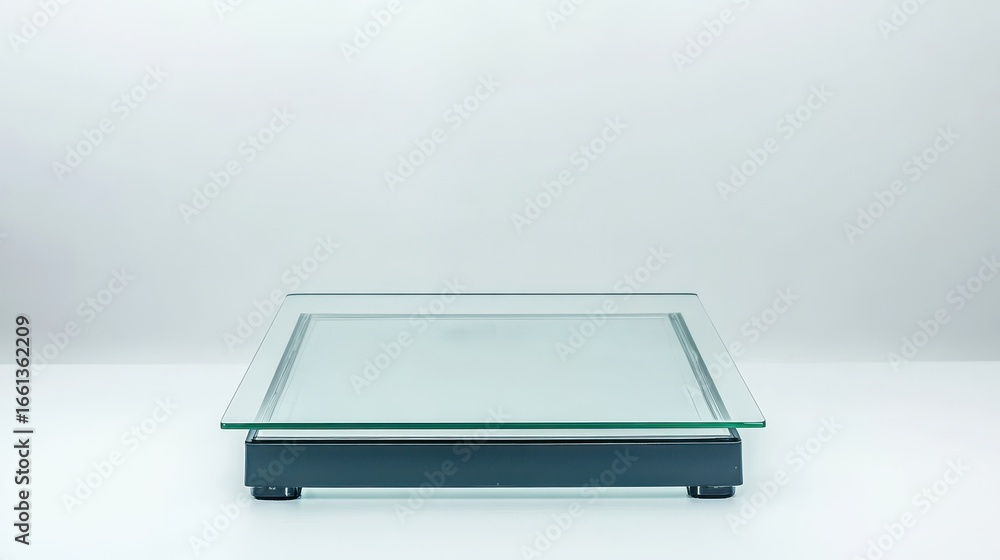 Poster glass object on white surface in minimalist studio setting