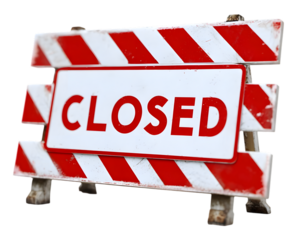 Red and white striped road barrier with a closed sign isolated on transparent background