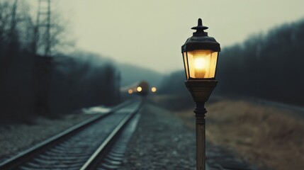 Lamp post beside railroad tracks in misty forest during daytime