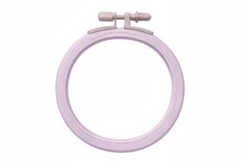 Circular plastic embroidery hoop floating, supporting needlework crafting with clean transparent background design