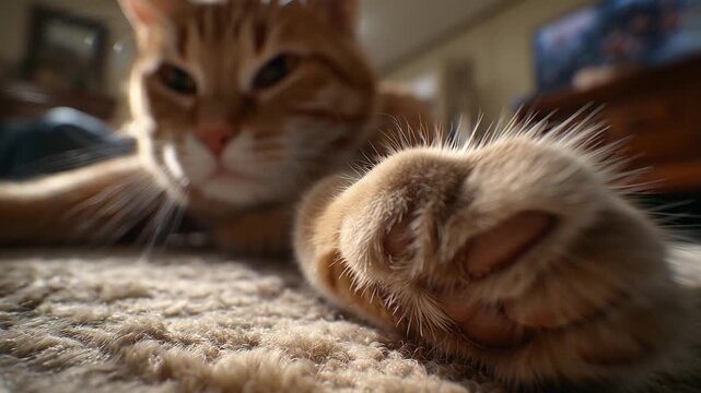 Playful cat paws at camera cozy living room animal photography home environment close-up view feline curiosity