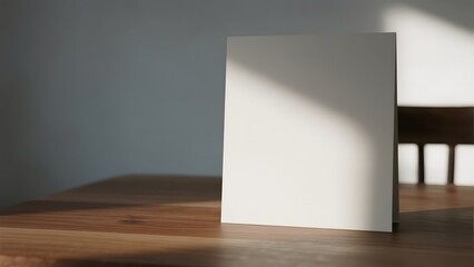 Blank white card standing upright on a wooden surface with soft shadows cast by sunlight