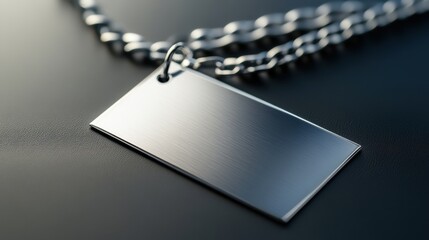 Fototapeta premium Blank metal tag and chain on dark surface in minimalist setting