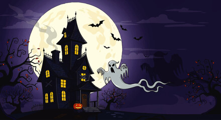 Spooky haunted house under a full moon with bats and a ghost on Halloween night.