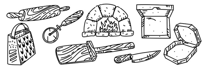 A set of products related to pizza in the Doodle style. Rolling pin, grater, pizza cutter, oven, knife, box, wooden pizza shovel. Engraving, line, doodle monochrome object. Hand-drawn in retro style