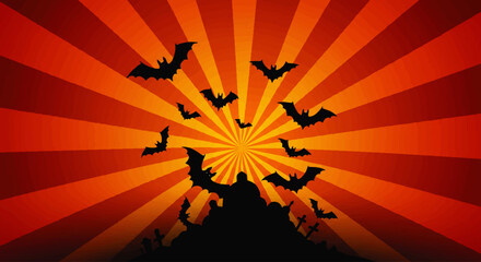 Silhouetted bats fly against a radiating orange and red background with a dark, spooky landscape below.