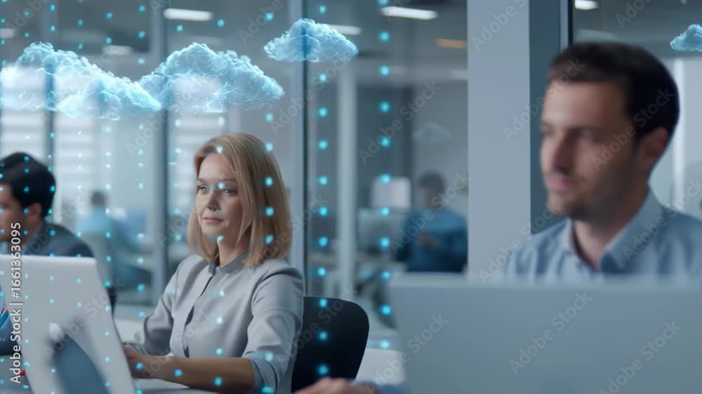 Poster cloud computing network concept modern office environment with professionals using laptops, digital 