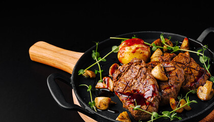 Juicy grilled steak with mushrooms and potatoes served in a cast iron skillet