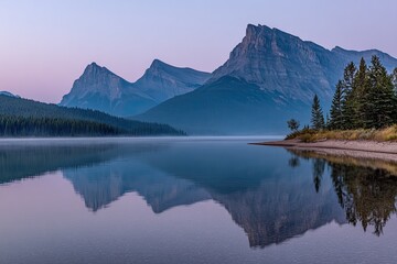 Naklejka premium Misty mountain reflection on tranquil lake at dawn