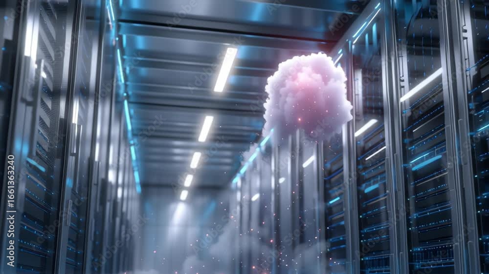 Poster cloud computing technology in modern data center with glowing network connections, digital cloud, se