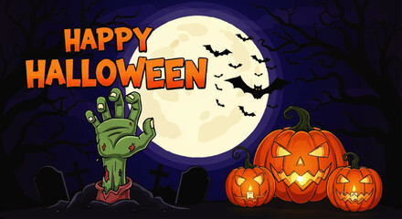 Halloween graphic with a zombie hand emerging from a grave, pumpkins, bats, and a full moon.