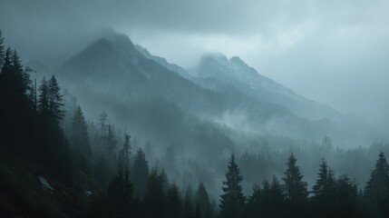 Dramatic misty mountain landscape with dark evergreen trees and majestic peaks obscured by dense fog and light rain.