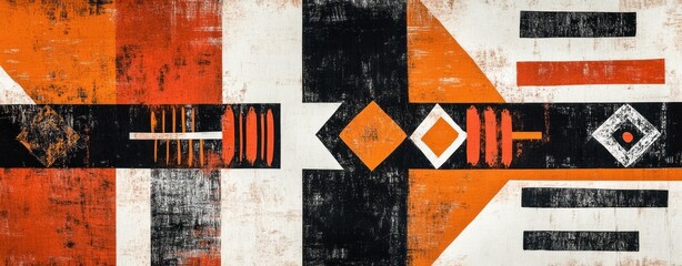 Textured abstract composition with orange black and white geometric shapes and lines Modern Design Art