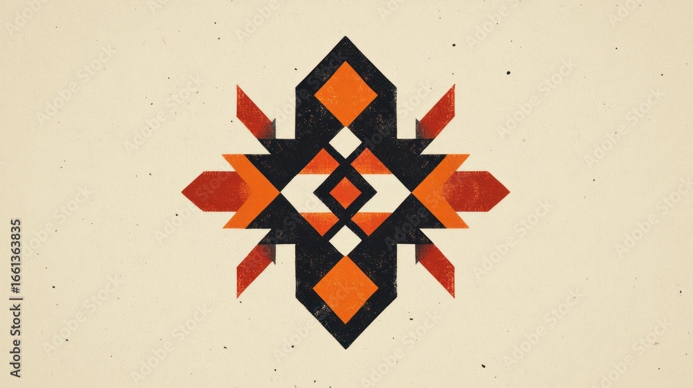 Poster geometric symmetrical pattern with black orange and white shapes on a textured cream background desi