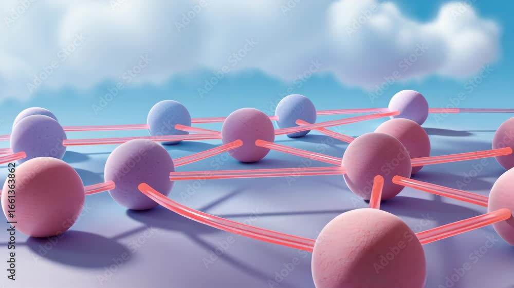 Poster cloud computing network concept featuring pastel spheres and connecting lines soft surface, represen
