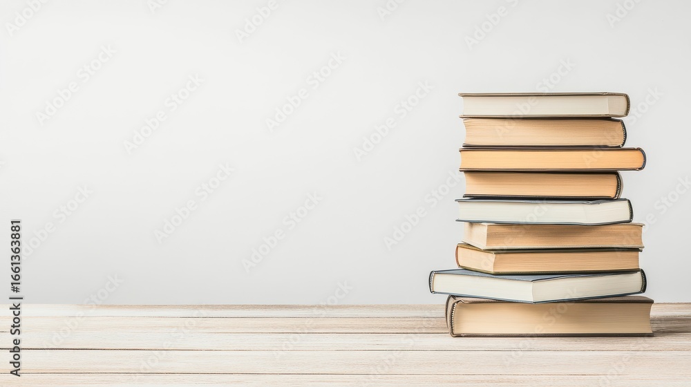 Poster stacked books on table with white background in calm setting