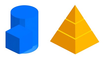 Conceptual isometric geometric primitives: a vibrant blue stepped cylinder and gold pyramid