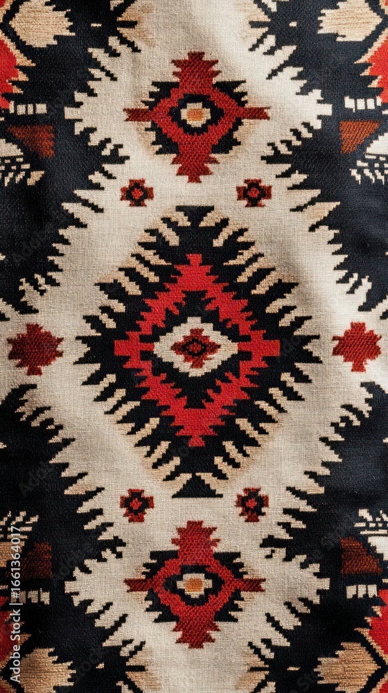 Poster intricate geometric pattern textile with tribal diamond motifs and sharp angular shapes in red black