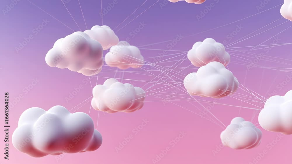 Poster cloud computing network concept with soft white clouds connected by lines dreamy pink and purple sky