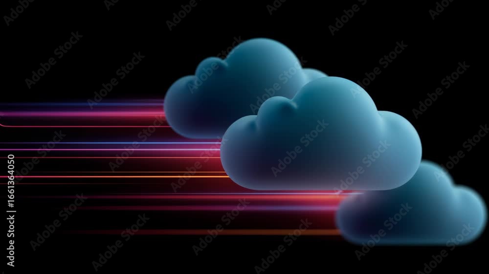 Poster cloud computing network concept with glowing lines, blue cloud shapes on black background, digital d