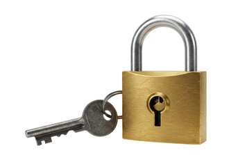 Isolated Vintage Brass Padlock with a Key on a Ring