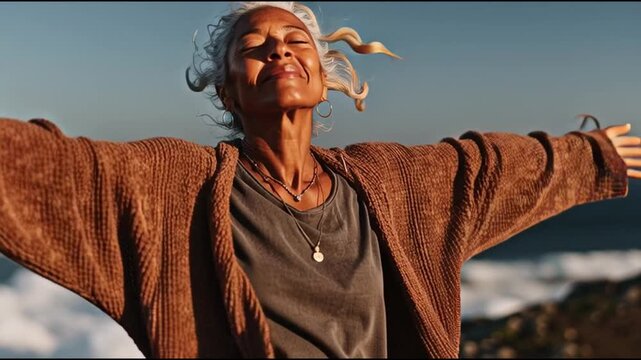 Empowered woman embraces freedom at the ocean's edge coastal serenity photography bright horizon joy and liberation