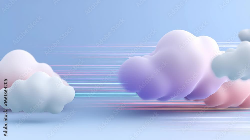 Poster cloud computing network concept featuring pastel clouds, dynamic network lines blue background, symb