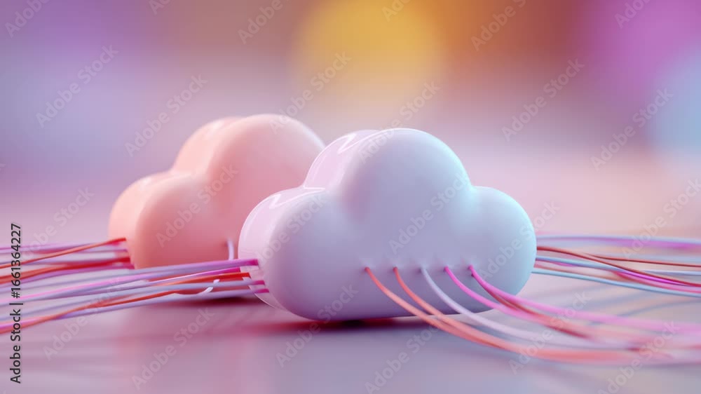 Poster cloud computing network concept featuring two glossy or pastel clouds connected by cables, symbolizi