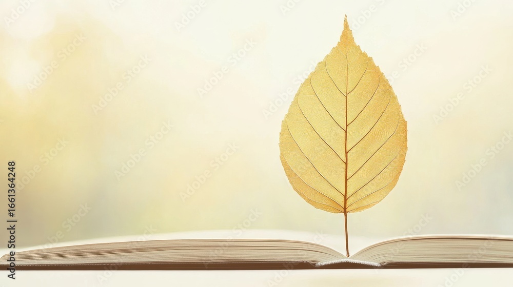 Poster serene autumn leaf and open book by window in soft light