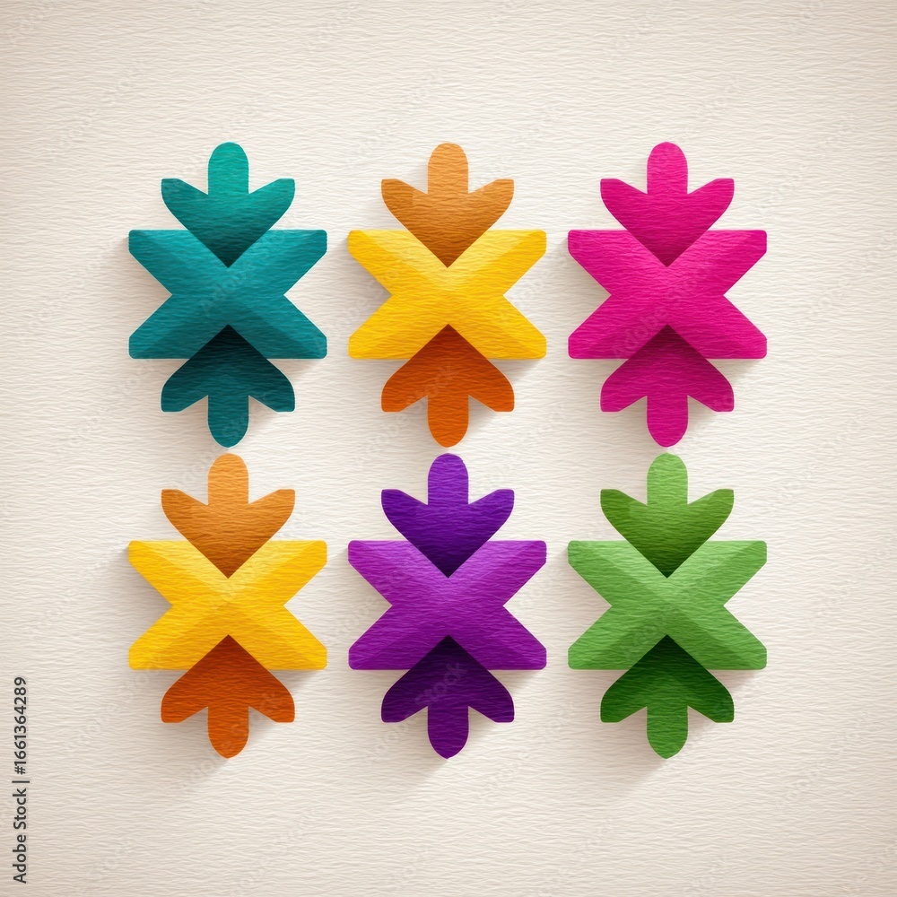 Poster six colorful geometric starburst shapes arranged in two rows of three against a textured light backg