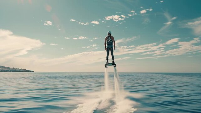 Man riding a wakeboard on the surface of a lake or sea, capturing the thrill of water sports