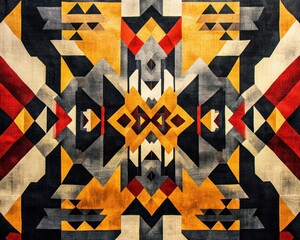 Detailed geometric textile pattern featuring red yellow grey and black abstract shapes fabric design