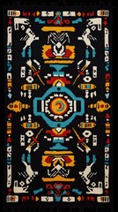 Black woven textile featuring intricate geometric and anthropomorphic motifs in vibrant blue yellow and red colors