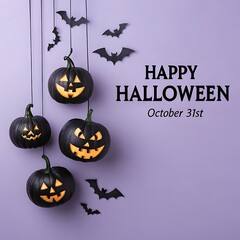 Spooky black pumpkins with glowing faces and hanging bats for a happy halloween celebration