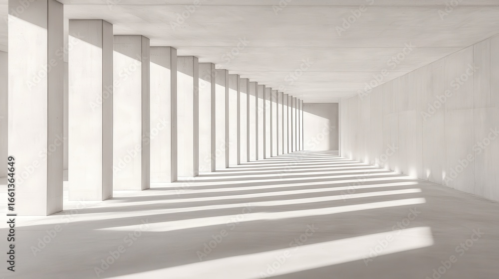 Poster modern indoor architecture with columns and shadows in hallway