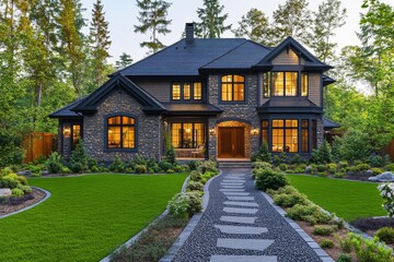 Colonial-style family house exterior with black roof tiles, a beautifully landscaped front yard with pebble walkways, and trimmed lawn. Located in a forest setting. 3D rendering, Generative AI