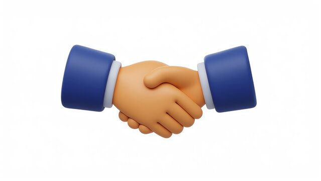 A 3D-rendered handshake emoji-style icon featuring two cartoonish hands shaking firmly