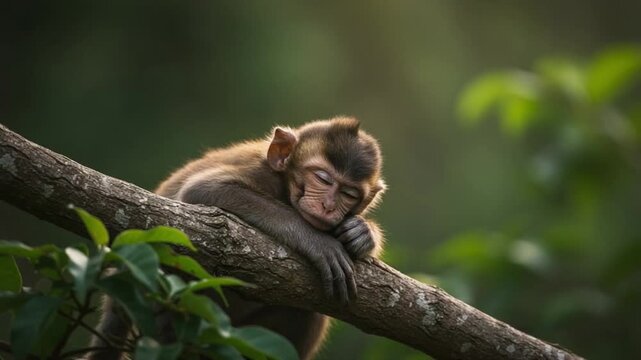 Adorable baby monkey sleeping peacefully on a tree branch at sunset