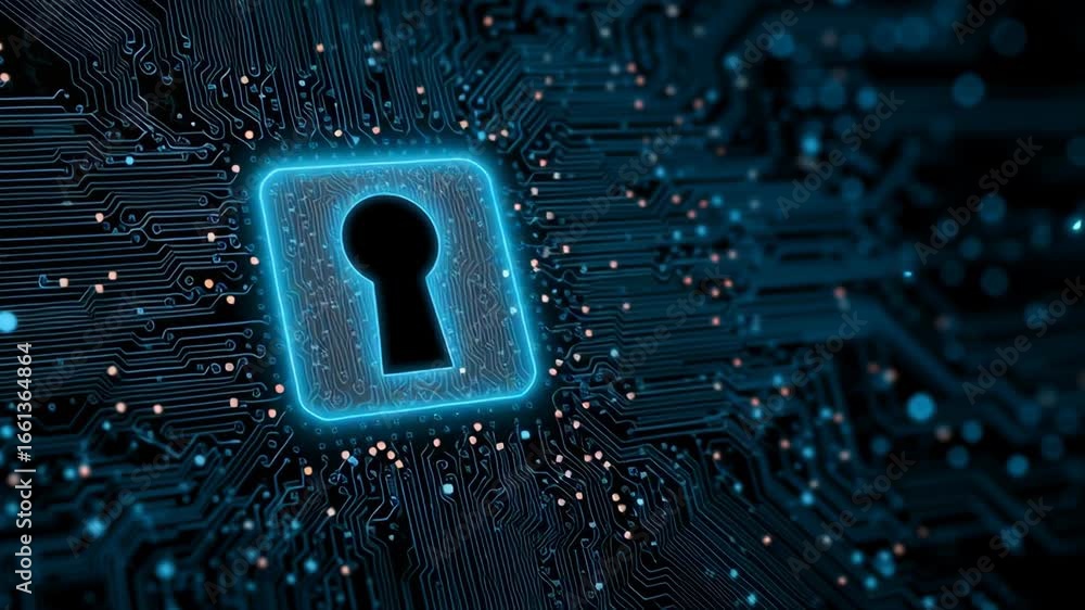 Poster cybersecurity awareness with glowing keyhole symbol digital circuit board background, representing d